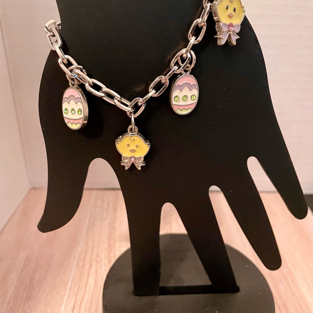 Russ Berrie Yellow Chick and Easter Egg Charm Bracelet Jewelry